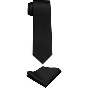 Men's Black Solid Color Imported Formal Neck Ties And Pocket Square Sets